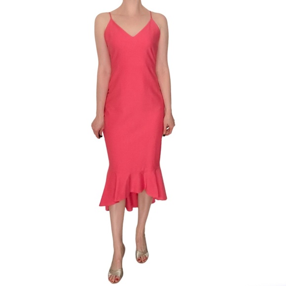 Lulus Dresses & Skirts - Lulu’s Pink Ruffle Hem Bodycon Sheath Dress V-neck Spaghetti Strap Midi Medium